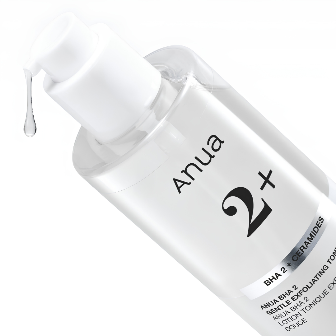 Anua skincare product with a droplet of liquid on a white background
