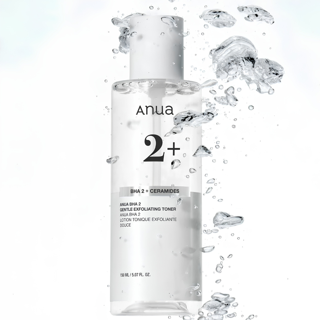 Anua skincare product with water droplets on a white background