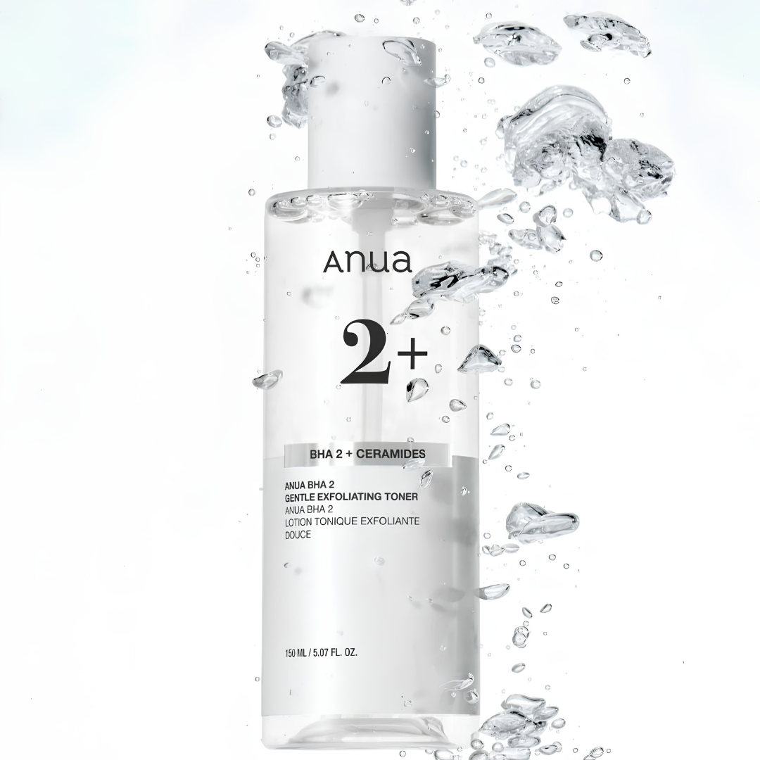Anua skincare product with water droplets on a white background