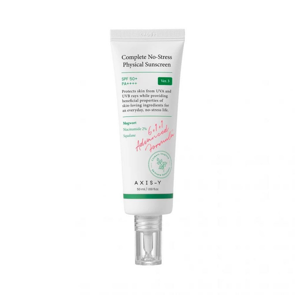 Tube of AXIS-Y Complete No-Stress Physical Sunscreen on a white background