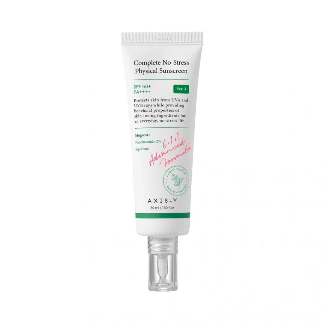 Tube of AXIS-Y Complete No-Stress Physical Sunscreen on a white background