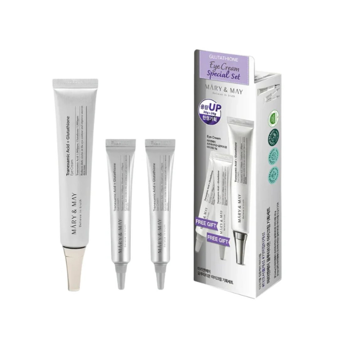 Mary & May eye cream set with three tubes and a box on a white background