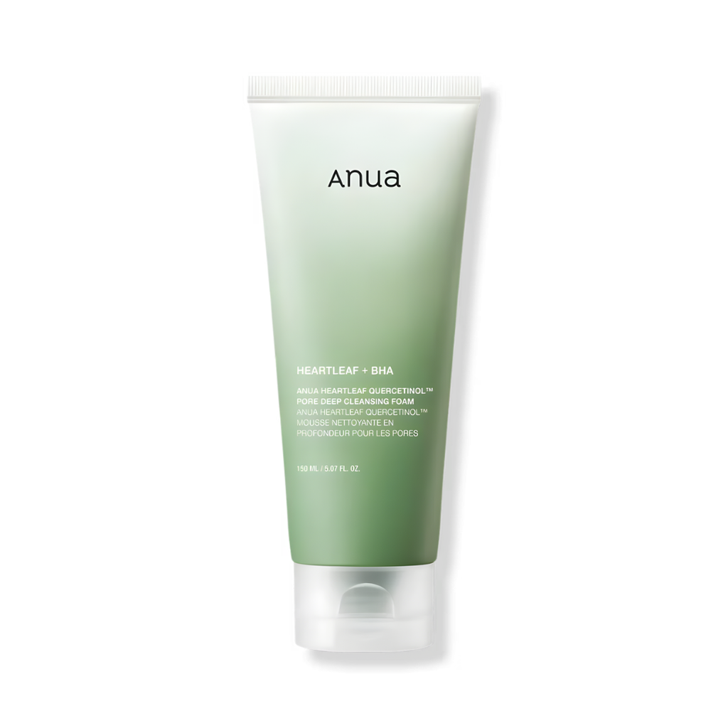 Green tube of Anua skincare product on a white background