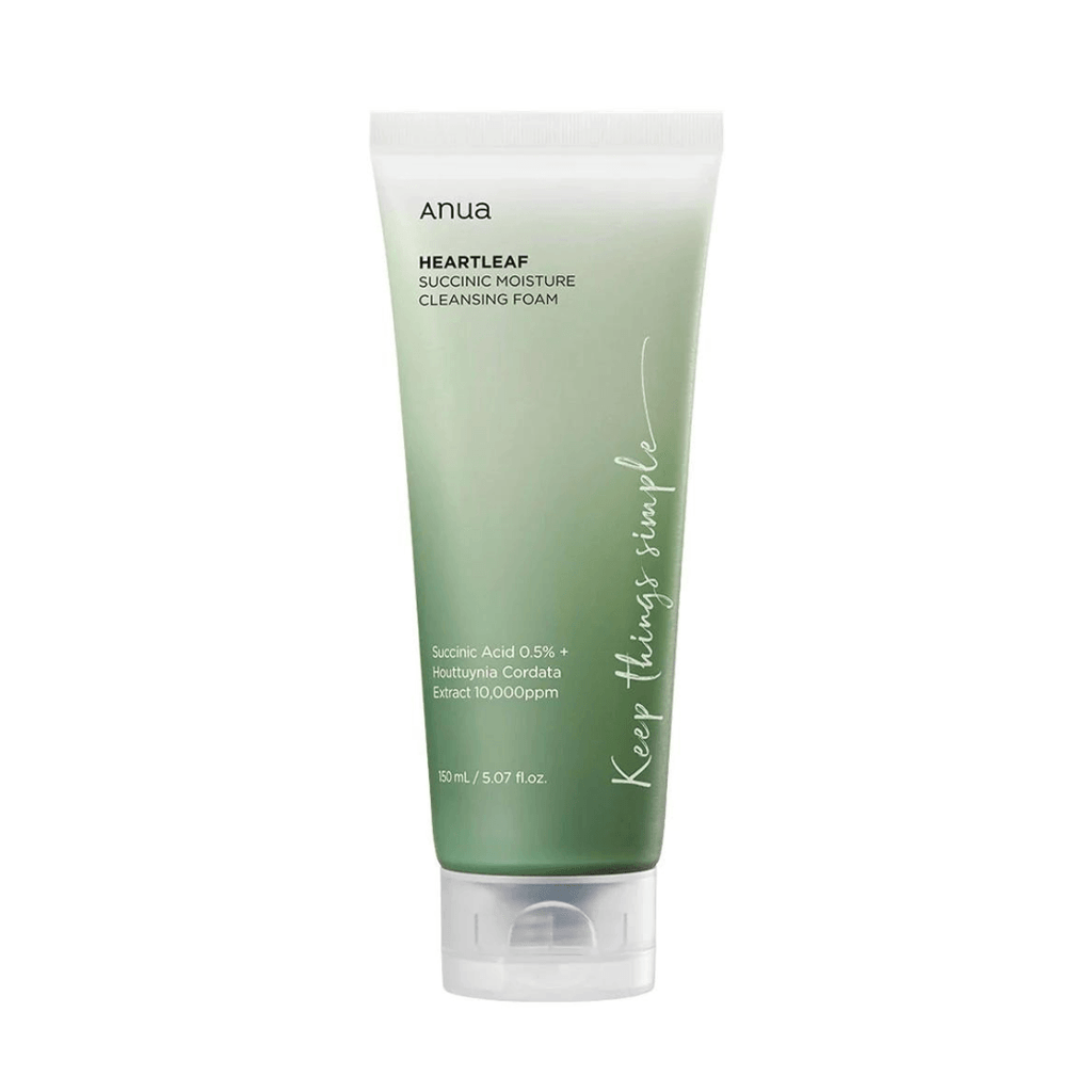 Green tube of Anua Heartleaf cleansing foam on a white background