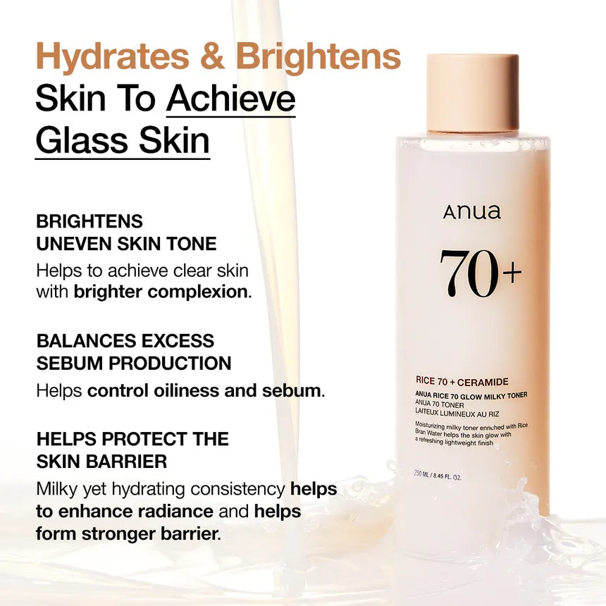 Anua skincare product with text highlighting its benefits on a white background