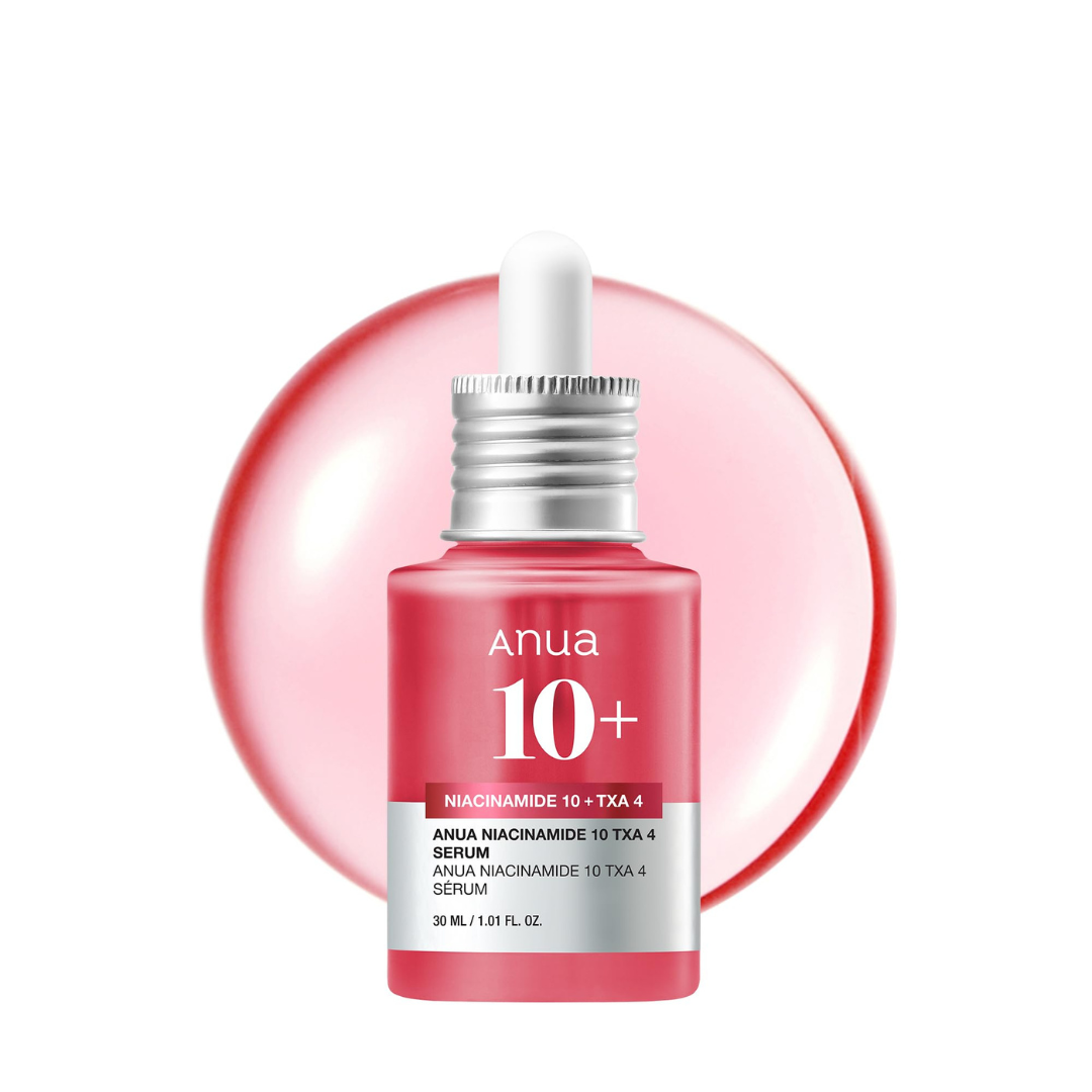 Red serum bottle with dropper labeled 'Anua 10+' on a white background
