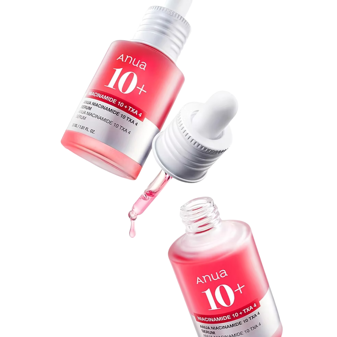 Anua 10+ skincare serum with dropper on a white background