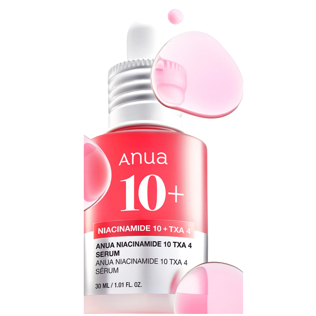 Anua 10+ niacinamide serum bottle with dropper on a white background