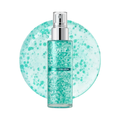 Skincare bottle with a textured green label on a white background