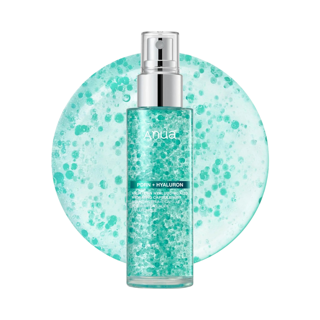 Skincare bottle with a textured green label on a white background