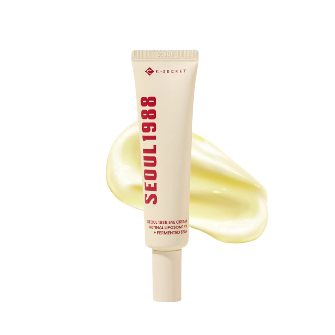 K-SECRET Seoul 1988 eye cream tube with yellow cream on a white background
