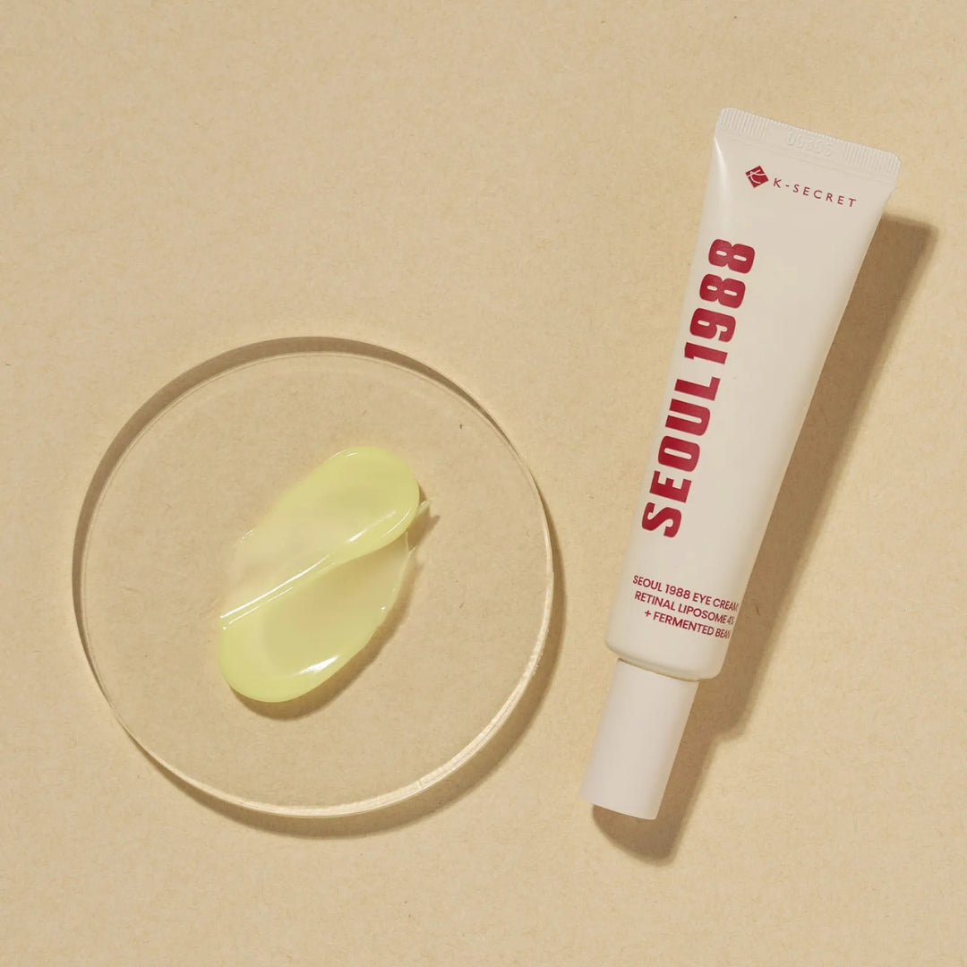Skincare tube labeled 'Seoul 1988' with a sample on a clear dish against a beige background