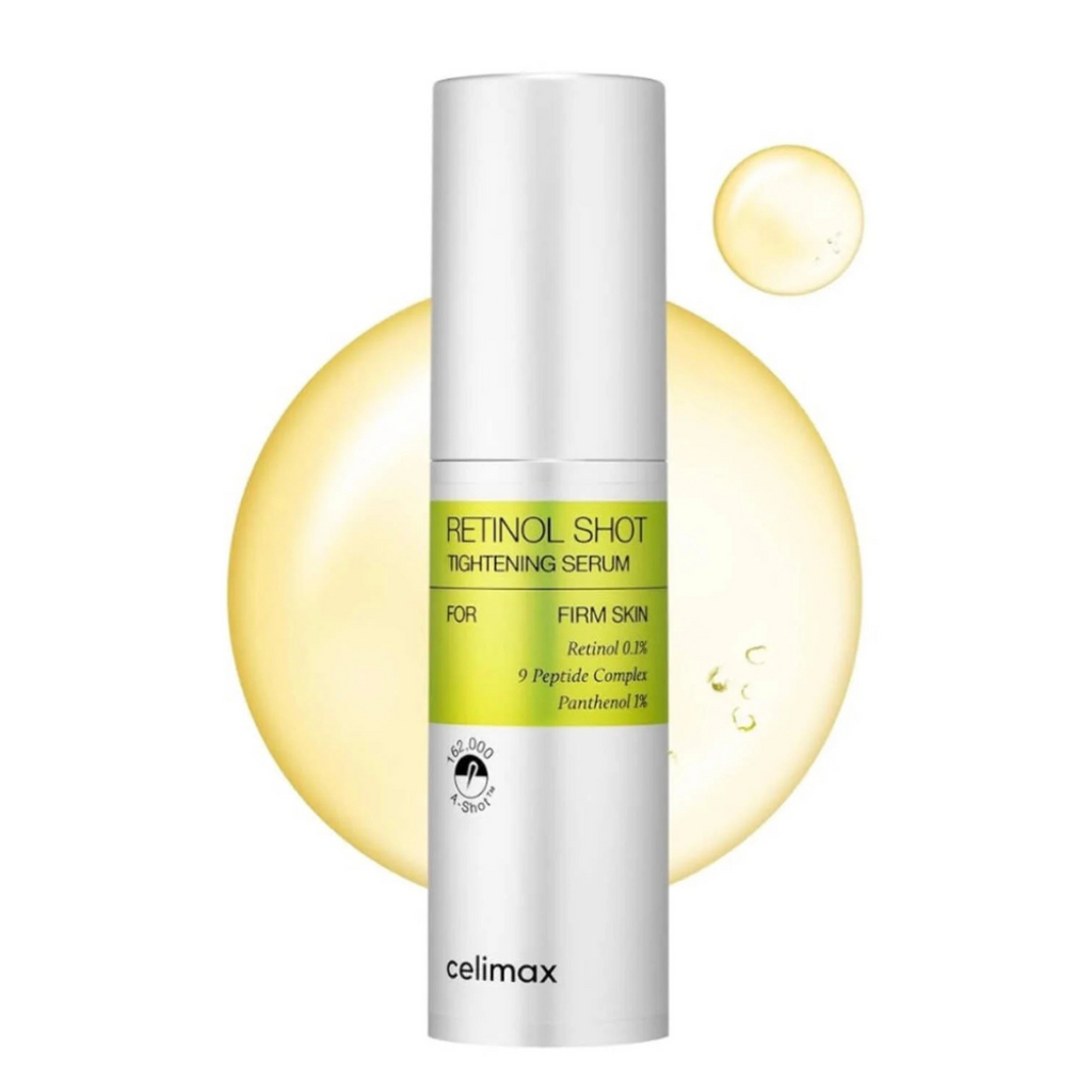 Retinol shot tightening serum bottle with yellow droplets on a white background