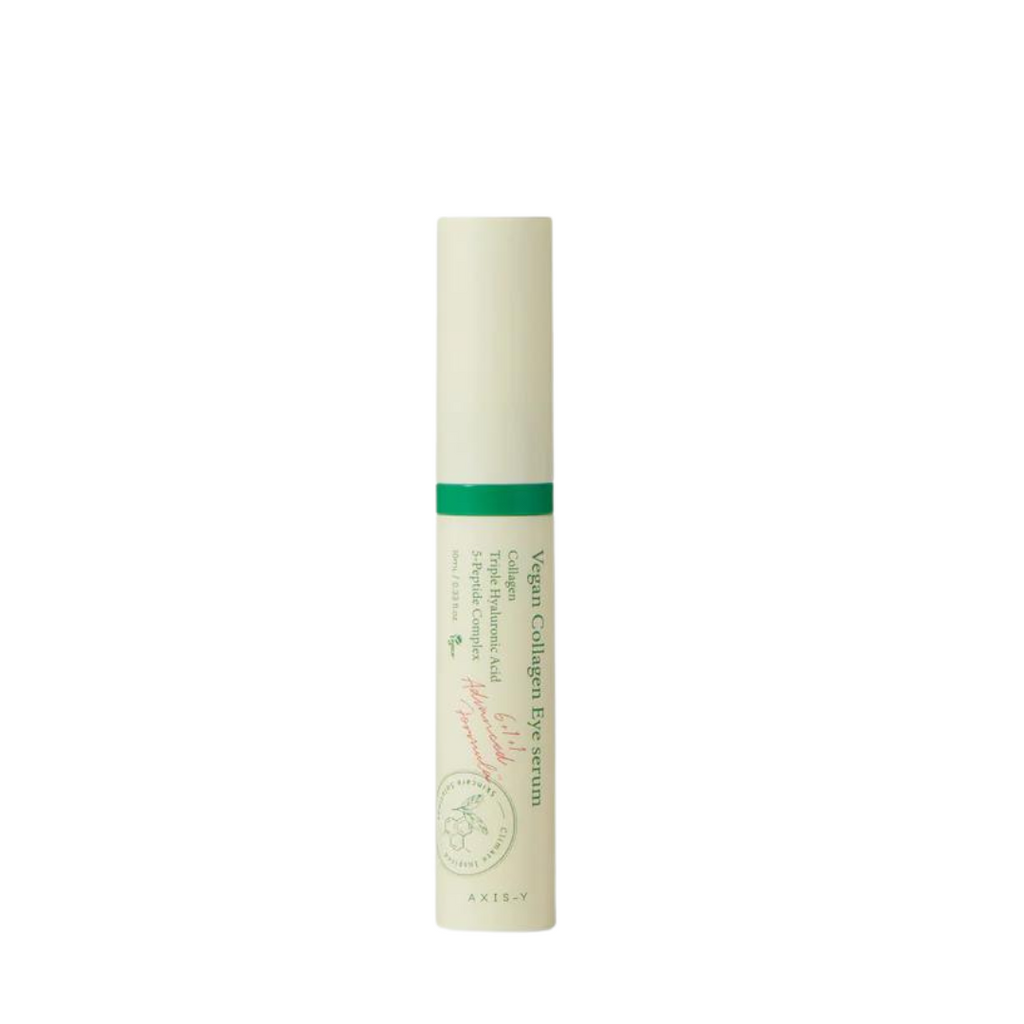 Skincare serum bottle with green label on a white background