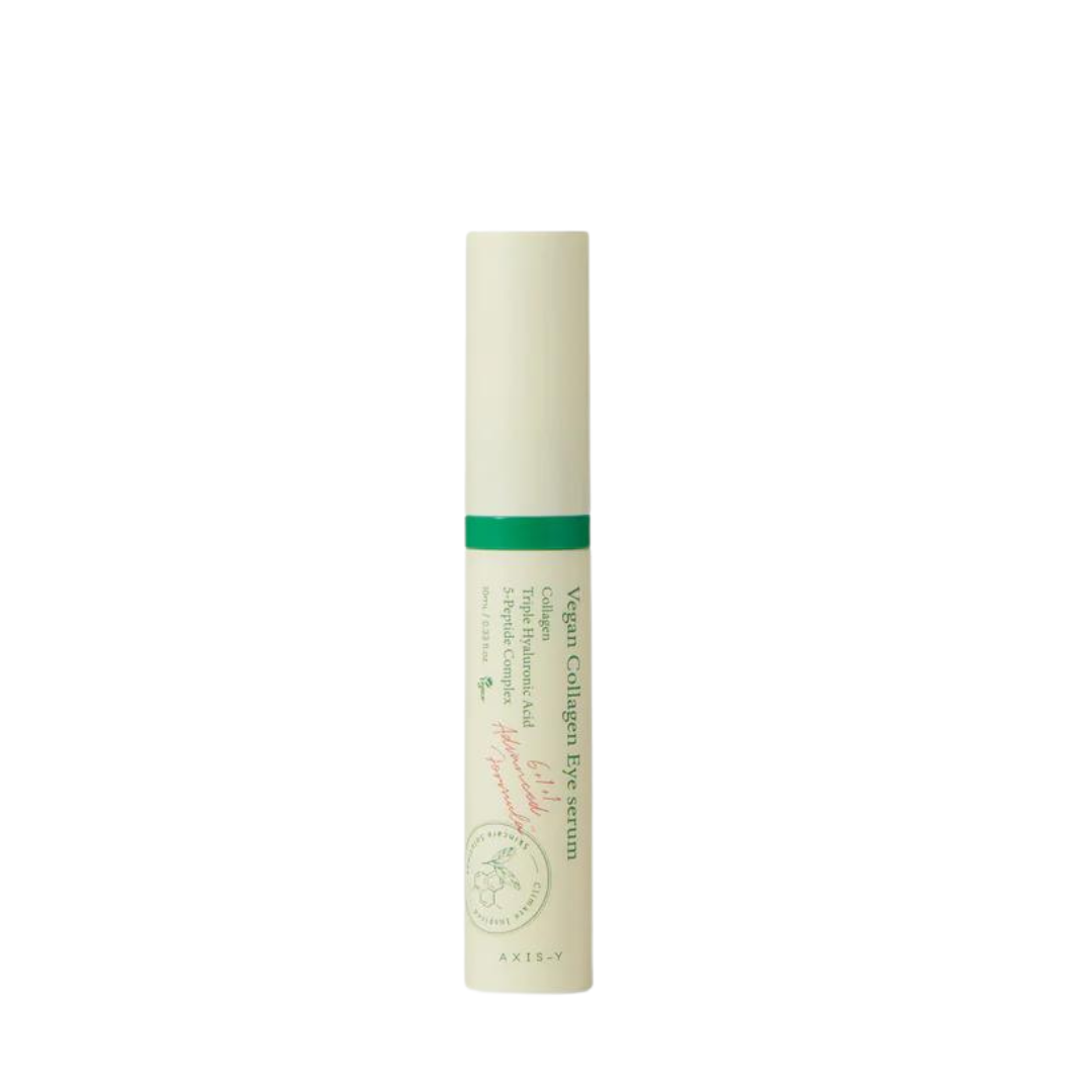 Skincare serum bottle with green label on a white background