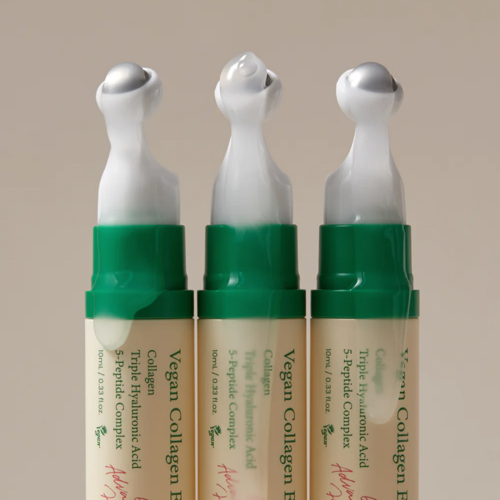 Three bottles of Vegan Collagen Face Serum on a beige background