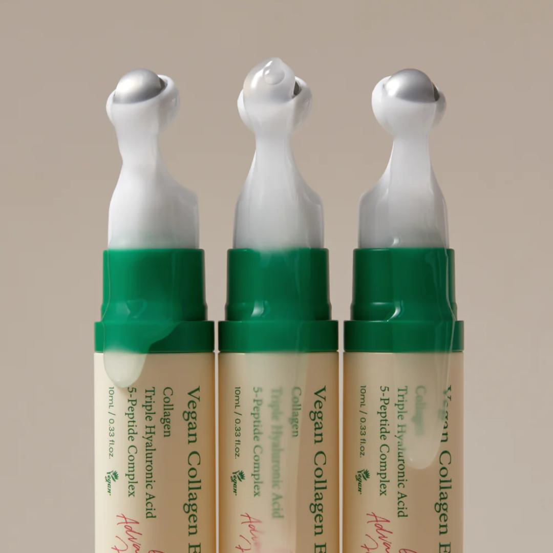 Three bottles of Vegan Collagen Face Serum on a beige background